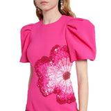 Fongt Star Fashion New Heavy Industry Nail Polish Slid Three-Dimensional Flower Short-Sleeved Dress