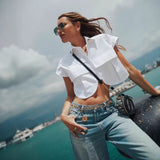 Fongt Color Women's Clothing 2025 Spring Solid Color Big Pocket Sleeveless Polo Collared Denim Shirt Blouse