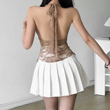 Fongt Summer New Women's Solid Color Slim Sexy Hot Girl Hanging Neck Hollow Out See-Through Small Vest-Outfit