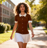 Fongt Wind Bumping Collar Short Sleeves Covert Thin 100 Folded Knitted Dress
