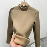 Half Turtleneck Tops Women Winter Plush Velvet Lined Warm T Shirt Long Sleeve Bottom Blusas Korean Slim Fleece
