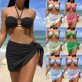 Fongt Bikini Bikini Swimsuit Three-Piece Gauze Dress Hanging Neck Solid Color Swimsuit Female