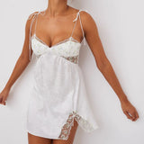 White Floral Satin Mesh Tie Up Slip Mini Dress-Outfit