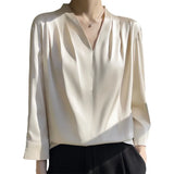 Fongt 2023 Summer Women's New Satin Shirt V-Neck Simple Nine-Minute Sleeve Temperament Versatile French Jacket-Outfit