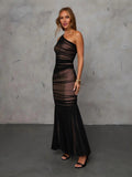 Fongt Women's Sexy Yarn Dress Banquet Temperament Evening Dress Repair Slant Shoulder Folds 8133