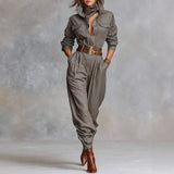 Fongt Women's Long Sleeve Shirt Collar Pocket Jumpsuits Trousers