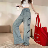 Side Embroidered Bow Boyfriend Jeans-Outfit