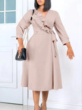 Fongt Women's Dress 2025 New Fashion Temperament Pure Color V Collar Folds High Waist Big Dress Dress Dress