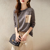 Fongt Round Collar Stripe Cashmere Knit Sweater Female Qiu Dong New Style Korean Version Temperament Loose Joker Bottom Unlined Upper Garment-Outfit