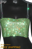 New Solid Women Sleeveless Crop Top Fashion See Through Metal Spaghetti Strap Sparkly Rhinestone Beach Tank Top