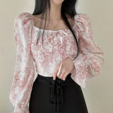 Vintage Square Neck Puff Sleeve Floral Blouse-Outfit
