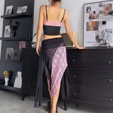 Fongt 2023 New Women's Sexy Lace Color Strap Top With Waist Skirt Suit