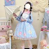 Sweet Anime Lolita OP Dress Women Kawaii Lace Peter Pan Collar Bunny Ear Fairy Dresses Girls Cartoon Print Party Dress-Outfit