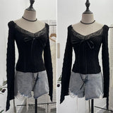 Real Shooting Merard Wind Strapted Bow Splicing Lace Pure Desire Blouse Folding Body Short Blouse