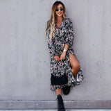 Winter Long Floral Print Dress Robe for Women 2023 Casual Long Sleeve Split Dress Female Boho Elegant Maxi Party