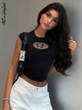 Top Y2K Tops Letter Print Tshirt O Neck Short Sleeve Baby Tees Women Clothes Basic Blue 90s Causal Streetwear Black T