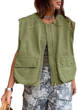 Fongt New Sleeveless Pocket Loose Vest Zipper Coat Woman