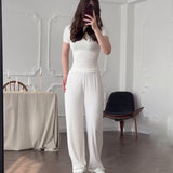 Fongt Summer New Women's Round Neck Solid Color Wide Leg Pants Commuting Leisure Suit Women
