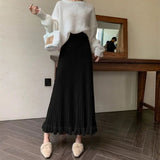 Pleated Patchwork Mid-length A-line Knitted Skirt-Outfit