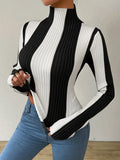 Fongt Women's Spring And Autumn Classic Black And White Bumpy Knitted Jersey Slimming Inside Top