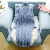 Turtleneck Twist Knitting Dresses Women Warm Candy Color Rib Knited Pullover Dress Elegant Chic Solid Sweater