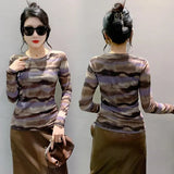 S-3XL New Vague Printing Mesh T-shirt Women's Round Neck Long Sleeve High Stretch Light Fabric Tees Tops-Outfit