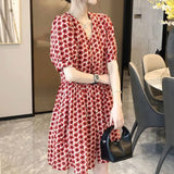 Lady Flowers Printed Elegant V-Neck Casual Dresses Women's Stylish Puff Sleeve Single-breasted Summer A-Line Midi Dress-Outfit