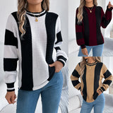Shooting 2025 Autumn And Winter Casual Hit-Colored Striped Lantern Long-Sleeved Jacket Sweater Women's