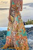 Casual Women Summer V Neck Dress Elegant Femme Long Sleeve Holiday Beach Dress Vintage Leopard Print Maxi Dress