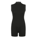 Casual Jogger Bodycon Rompers Solid Black Sleeveless Turtleneck Women's Fitness Sports Jumpsuits Basic All-match Outfits-Outfit