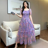 Fongt Gentle Wind And Rags Retro Tea Chiffon Dress Female Waist Temperament Shoulder Bubble Sleeve Mesh Dress