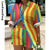 Spring Summer Fashion Printing Two Piece Set Women Casual Button Shirt Drawstring Short Sleeve Two Piece Set Women-Outfit