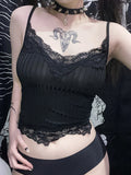 Dark Mall Gothic Basic Bodycon Women Camis Grunge Punk Black Casual Lace Trim Crop Tops Ribbed Backless Alt Clothes