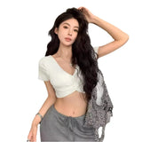 Hottie Summer Short Slim Shoulder T-Shirt Chicly Exposed Umbilly Bottom Blouse