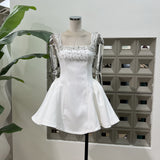 British Spring Fashion White Rich Beauty Light Luxury Strap Hand Nail Drill Collar Small Dress