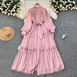 Fongt Style Dress Summer Dress Women's Heavy Industry Hollow Lace Splicing Long French Lantern Sleeve Dress