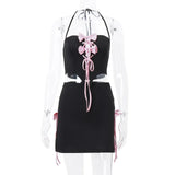 Black Halter Bow Tie Up Top And Mini Skirt Set-Outfit