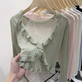 Fongt Ice Silk Knitted Cardigan Long Sleeve 2024 Summer Black Outer Short Air Conditioning Shirt Sunscreen Shawl