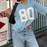 Fongt Spice Style Oversize Letter Print Short-Sleeved T-Shirt V-Neck Loose Slim Base Top-Outfit
