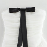 Fongt Spring Women's New Ougen Yarn Sue Bow Trim Corset Dress