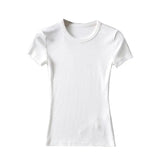 Summer New Women's Elastic Thread Solid Color T-Shirt Basic Short-Sleeved Large Round Neck Long Blouse-Outfit