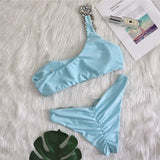 Diamond Bikini 2021 Sexy Solid One Shoulder High Cut Push Up Swimsuit Female Crystal Bathing Suit Brazilian Thong