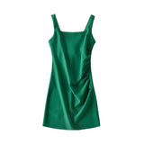 New Pleated Vest Dress Summer Women's Solid Color Square Collar Sleeveless Hip Skirt-Outfit