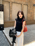 Fongt Xixi 2025 Autumn New Temperament Pure Color Round Collar Hollow Knitted Shirt Toped Women 25325