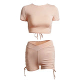 Tracksuit Women Backless Bandage Short Sleeve Crop Top Ruched Biker Shorts Set Two Piece Outfit Sporty Casual