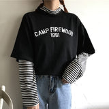 harajuku Stripe Patchwork TShirt Half Turtleneck T-Shirts autumn Long Sleeve Tops tee Shirt Women Fashion Causal