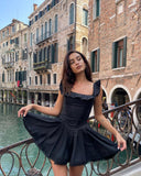 Black Square Neck Pleated Dress Mini Lovely Casual A Line Birthday Party Dresses Sexy Women Clothes-Outfit