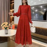 Fongt New V-Neck Single-Drenchee Chiffon French Retro Dress Thin A-Character Long Dress Women's Bubble Cuff