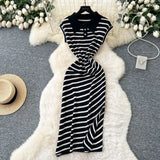 Fongt Chic Summer Dress Niche Retro Polo Collar Short-Sleeved Striped Dress Female Waist Temperament Open Long Dress