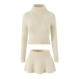 Knitted High Neck Long Sleeve Top And Mini Skirt Set-Outfit